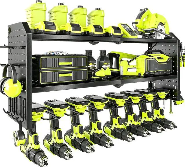 Main image of KAFAHOM Power Tool OrganizerLarge 8 Drill Holder Wall Mount Heavy Duty Metal Tool Shelf with 12 HooksStorage Rack for Garage OrganizationUtility Cordless Drill Holder and Battery Shelves