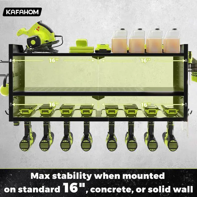 Alt view image 3 of 6 - KAFAHOM Power Tool OrganizerLarge 8 Drill Holder Wall Mount Heavy Duty Metal Tool Shelf with 12 HooksStorage Rack for Garage OrganizationUtility Cordless Drill Holder and Battery Shelves