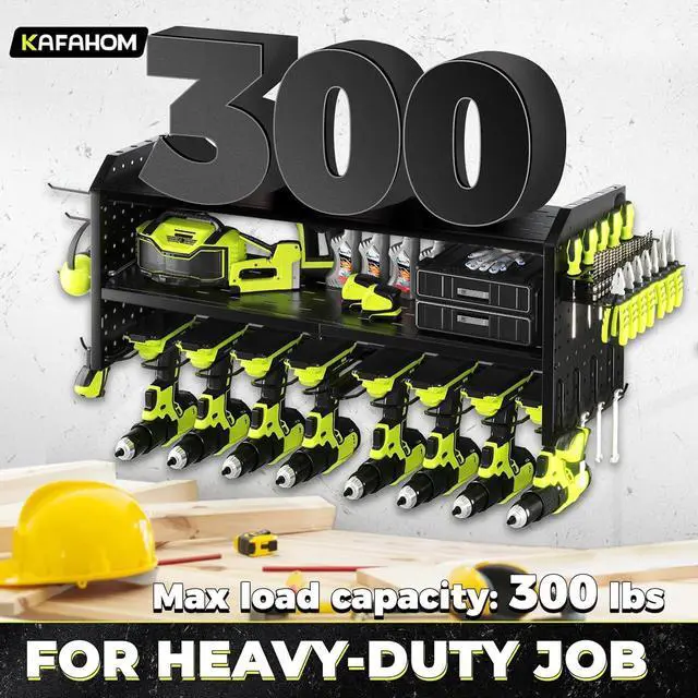 Alt view image 5 of 6 - KAFAHOM Power Tool OrganizerLarge 8 Drill Holder Wall Mount Heavy Duty Metal Tool Shelf with 12 HooksStorage Rack for Garage OrganizationUtility Cordless Drill Holder and Battery Shelves