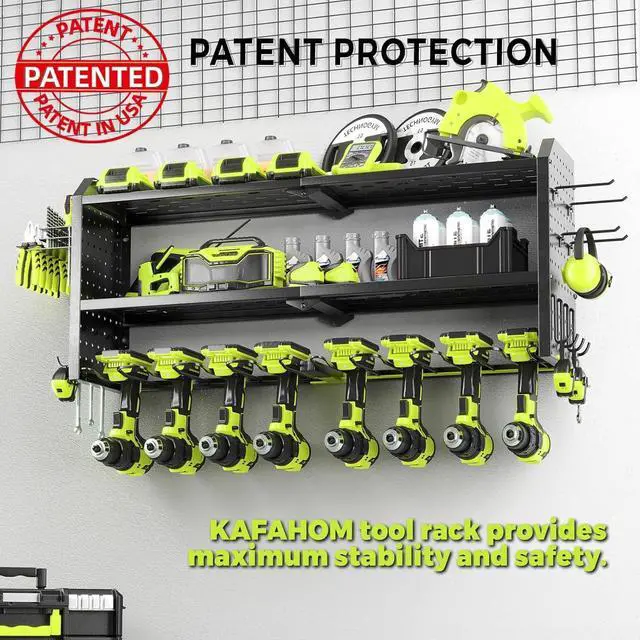 Alt view image 4 of 6 - KAFAHOM Power Tool OrganizerLarge 8 Drill Holder Wall Mount Heavy Duty Metal Tool Shelf with 12 HooksStorage Rack for Garage OrganizationUtility Cordless Drill Holder and Battery Shelves