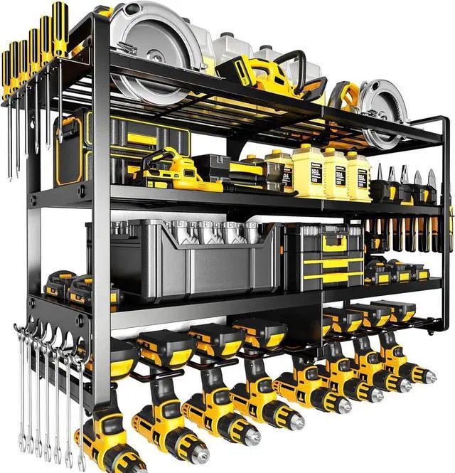 Main image of POKIPO Large Power Tool Organizer Wall Mount,4 Layers Heavy Duty Metal Loads 400lbs,Power Tool Shelf Battery Storage with 8 Cordless Drill Holder,Utility Racks for Garage Workshop
