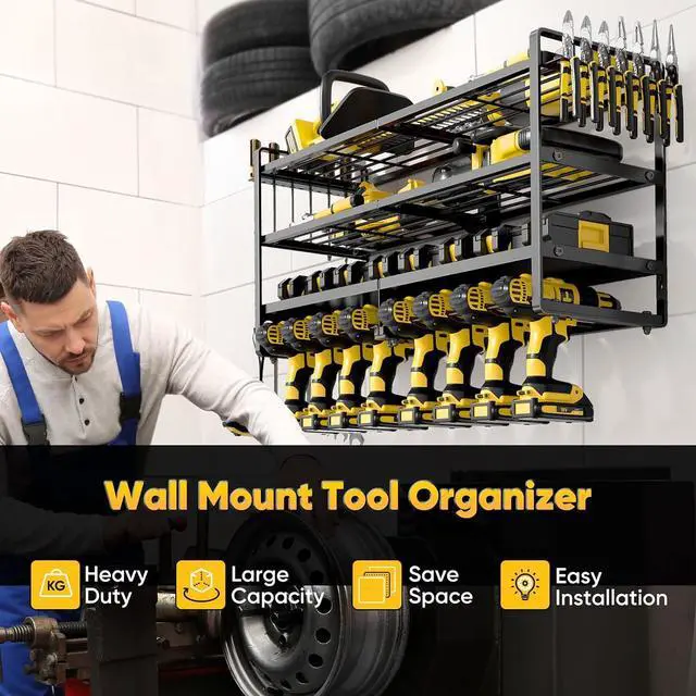 Alt view image 2 of 6 - POKIPO Large Power Tool Organizer Wall Mount,4 Layers Heavy Duty Metal Loads 400lbs,Power Tool Shelf Battery Storage with 8 Cordless Drill Holder,Utility Racks for Garage Workshop