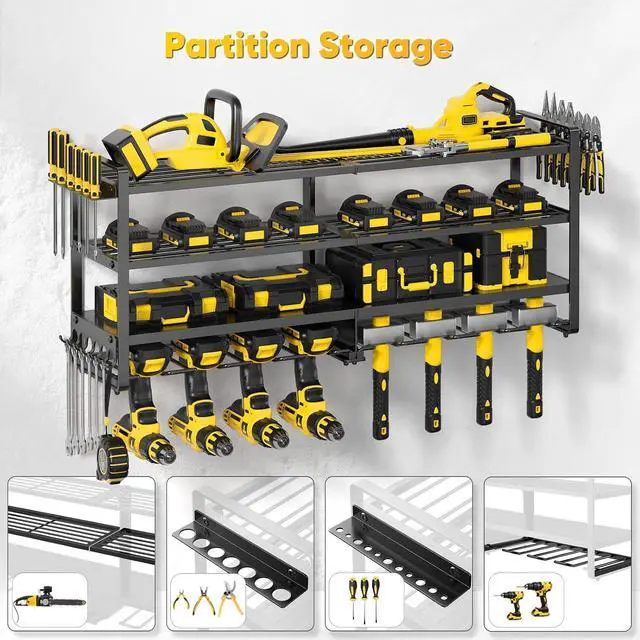 Alt view image 3 of 6 - POKIPO Large Power Tool Organizer Wall Mount,4 Layers Heavy Duty Metal Loads 400lbs,Power Tool Shelf Battery Storage with 8 Cordless Drill Holder,Utility Racks for Garage Workshop