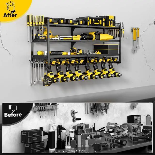 Alt view image 5 of 6 - POKIPO Large Power Tool Organizer Wall Mount,4 Layers Heavy Duty Metal Loads 400lbs,Power Tool Shelf Battery Storage with 8 Cordless Drill Holder,Utility Racks for Garage Workshop