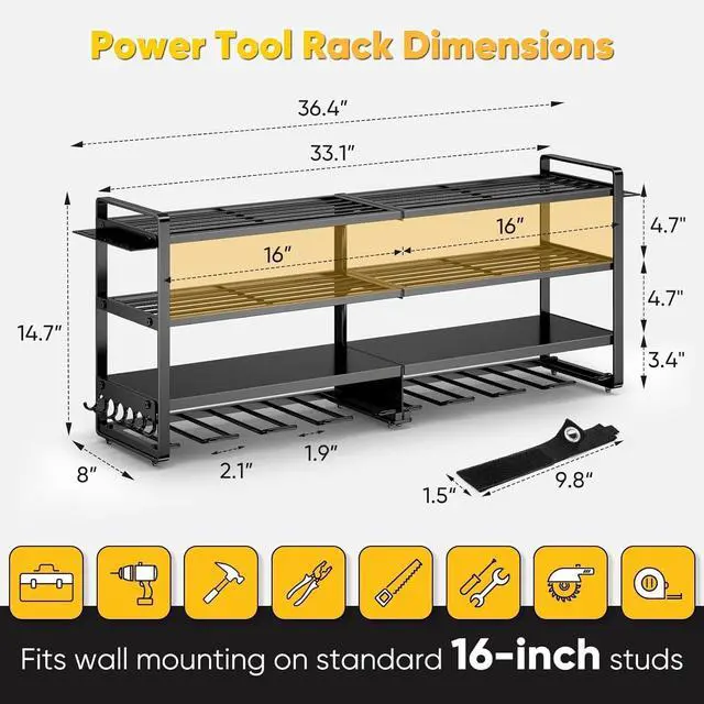 Alt view image 6 of 6 - POKIPO Large Power Tool Organizer Wall Mount,4 Layers Heavy Duty Metal Loads 400lbs,Power Tool Shelf Battery Storage with 8 Cordless Drill Holder,Utility Racks for Garage Workshop