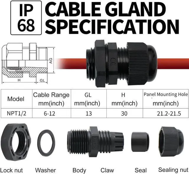 Alt view image 2 of 7 - 25-Pack 1/2" NPT Cable Glands, IP68 Waterproof Nylon PA66 Strain Relief Cord Grips, Adjustable Locknut for 6-12mm Wire, Electrical Conduit Fitting with Gaskets & PP Box, Black-AIRTAK