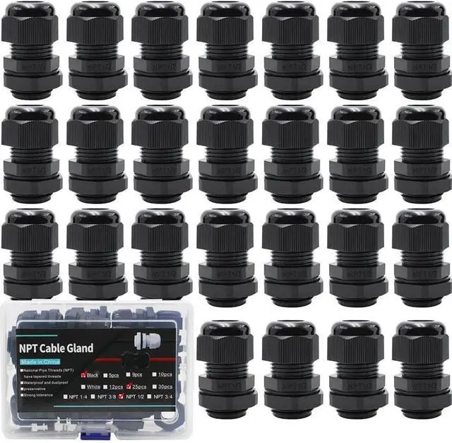 Main image of 25-Pack 1/2" NPT Cable Glands, IP68 Waterproof Nylon PA66 Strain Relief Cord Grips, Adjustable Locknut for 6-12mm Wire, Electrical Conduit Fitting with Gaskets & PP Box, Black-AIRTAK