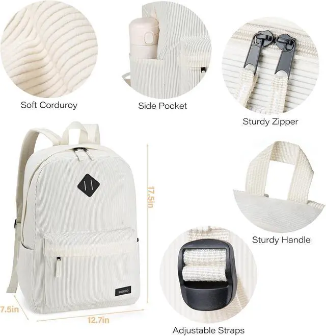 Alt view image 3 of 6 - BIKROD Backpack for Girls, Beige School Backpack for Teen Boys, Lightweight Casual Soft Corduroy Backpack for Women, Large Cute Kids Bookbag
