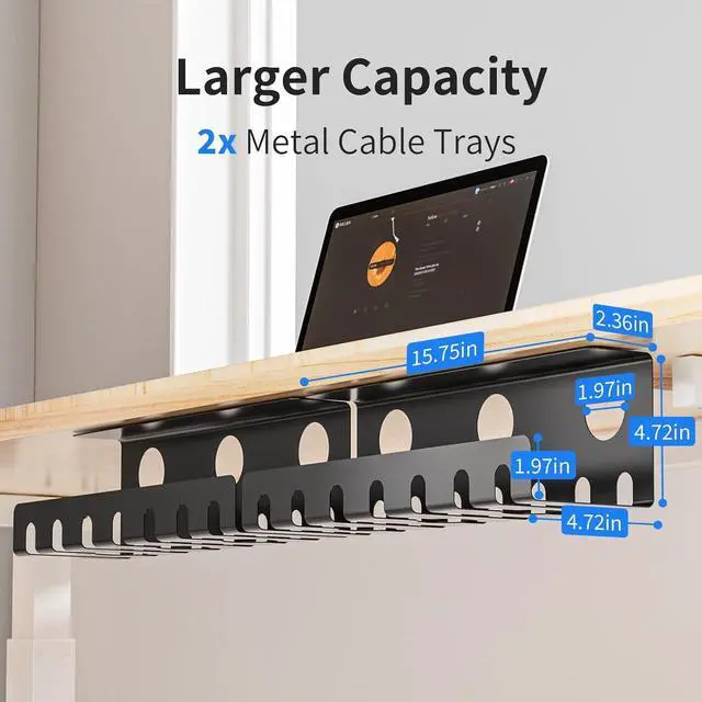 Main image of Delamu 2 Pack Metal Under Desk Cable Management Tray, U Channel Cord Organizer Box, Office Under Desk Cord Organizers, Cable Management with Various Accessories, Black, 15.75 Inches