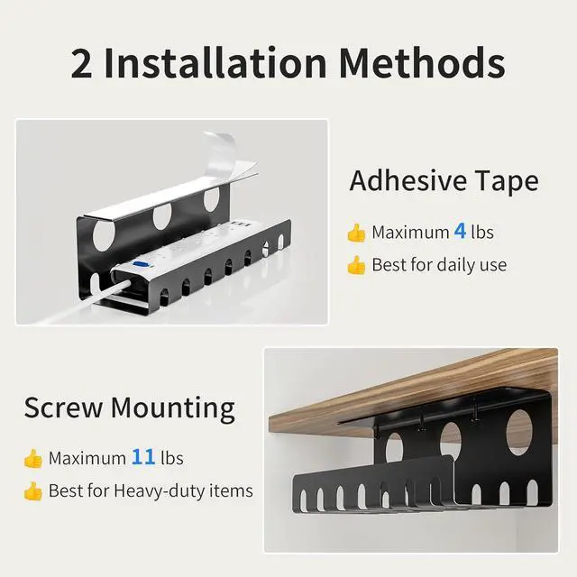 Alt view image 3 of 7 - Delamu 2 Pack Metal Under Desk Cable Management Tray, U Channel Cord Organizer Box, Office Under Desk Cord Organizers, Cable Management with Various Accessories, Black, 15.75 Inches