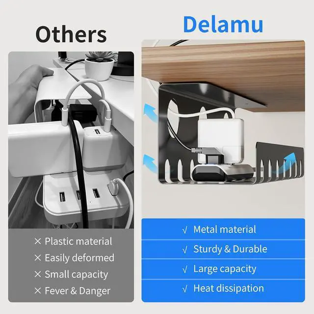 Alt view image 5 of 7 - Delamu 2 Pack Metal Under Desk Cable Management Tray, U Channel Cord Organizer Box, Office Under Desk Cord Organizers, Cable Management with Various Accessories, Black, 15.75 Inches