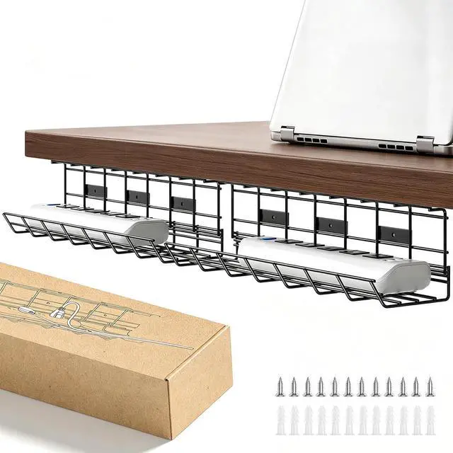 Main image of 2 Pack DELAMU Under Desk Cable Management Tray, Metal Cord Cable Organizer for Desk, Easy Install Pre-drilled Wire Management Wire Organizer for Office & Home