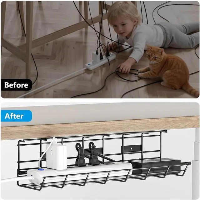 Alt view image 7 of 7 - 2 Pack DELAMU Under Desk Cable Management Tray, Metal Cord Cable Organizer for Desk, Easy Install Pre-drilled Wire Management Wire Organizer for Office & Home