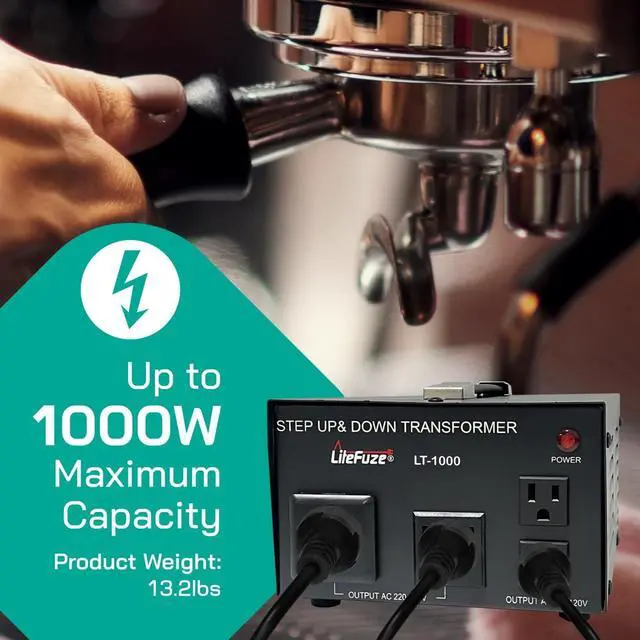 Alt view image 3 of 7 - LiteFuze LT Series 1000 Watt Voltage Converter Transformer Step Up/Down - 110v to 220v / 220v to 110v Power Converter - Fully Grounded Cord - Universal Socket, CE Certified