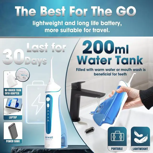 Alt view image 4 of 7 - Nicwell Water Dental Flosser Pick for Teeth: 4 Modes Cordless Portable Rechargeable Oral Irrigator IPX7 Waterproof Cleaner Pik Deep Cleaning Flossing Pic Machine for Home Travel