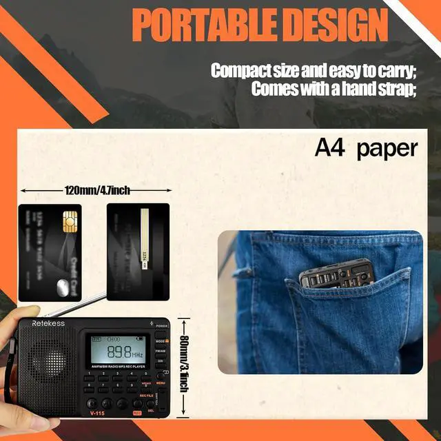 Alt view image 2 of 7 - Retekess V115 Shortwave Radio, Digital Radio AM FM | for Camping, Shortwave Receiver,1000mAh Rechargeable Battery, Presets, TF/AUX Playback, Recording, Bass Speaker