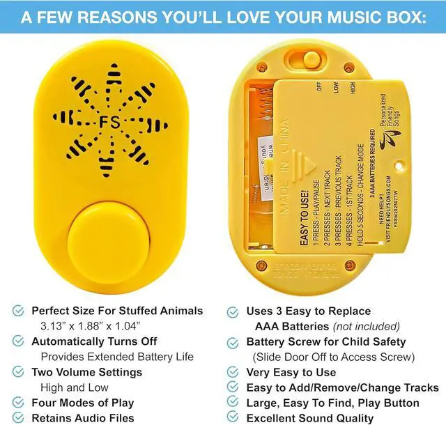Alt view image 2 of 7 - Friendly Songs 2+ Hour MP3 Sound Module for Stuffed Animals and Plush Toys