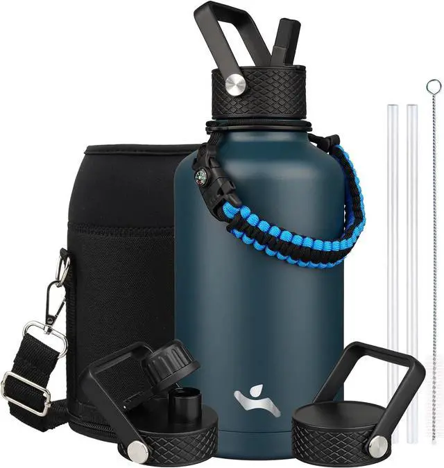 Main image of Konokyo 64 oz Insulated Stainless Steel Water Bottle Jug with Handle | BPA-free, leak-proof water jug with 3 lids, pouch and paracord handle for gym, work, camping & outdoor hydration, Navy Blue