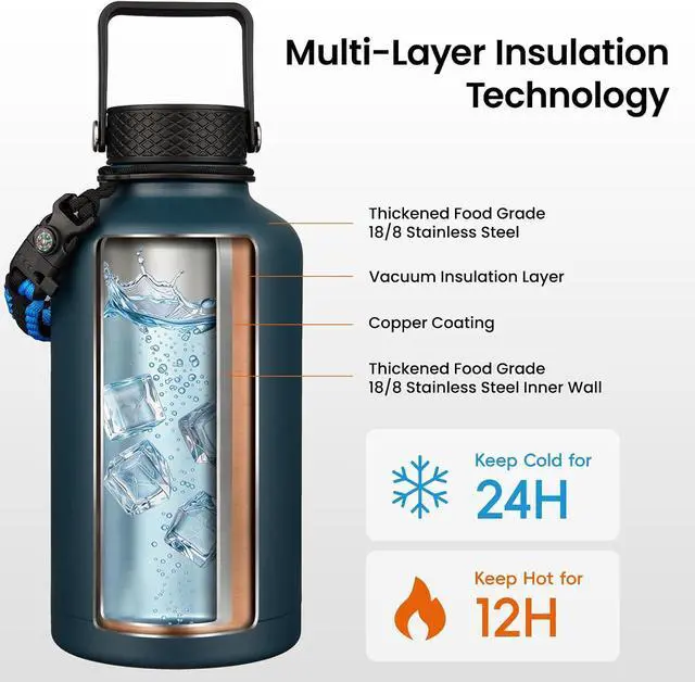 Alt view image 3 of 7 - Konokyo 64 oz Insulated Stainless Steel Water Bottle Jug with Handle | BPA-free, leak-proof water jug with 3 lids, pouch and paracord handle for gym, work, camping & outdoor hydration, Navy Blue