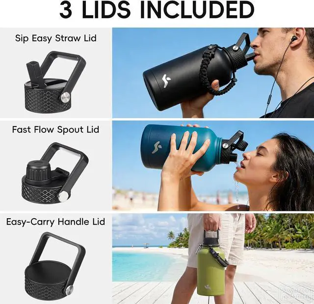 Alt view image 5 of 7 - Konokyo 64 oz Insulated Stainless Steel Water Bottle Jug with Handle | BPA-free, leak-proof water jug with 3 lids, pouch and paracord handle for gym, work, camping & outdoor hydration, Navy Blue