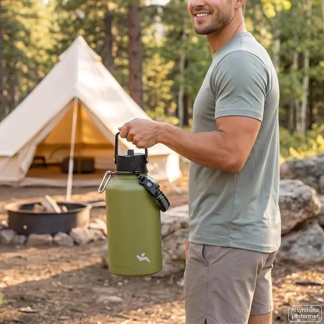 Alt view image 7 of 7 - Konokyo 64 oz Insulated Stainless Steel Water Bottle Jug with Handle | BPA-free, leak-proof water jug with 3 lids, pouch and paracord handle for gym, work, camping & outdoor hydration, Navy Blue
