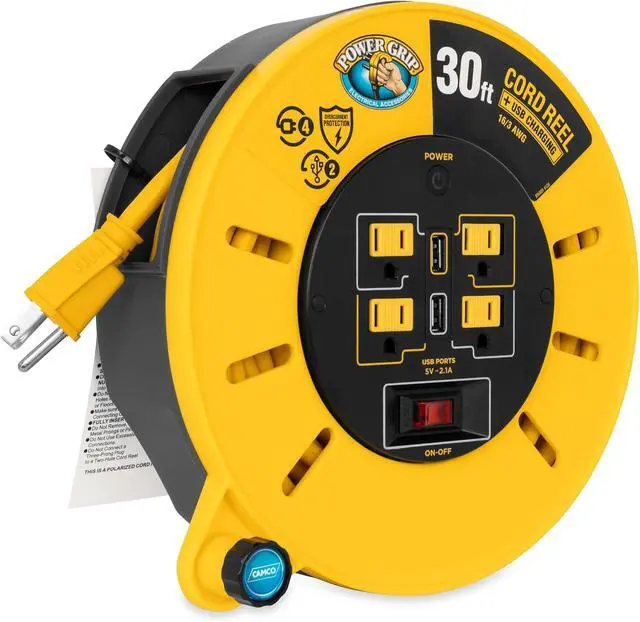Alt view image 3 of 5 - Camco 30-Ft 10 Amp RV Extension Cord Reel - Rated for 125V / 1,250W - Features 4 125V Electrical Outlets & 2 USB Ports - Includes On/Off Switch & Built-in Circuit Breaker (55290)
