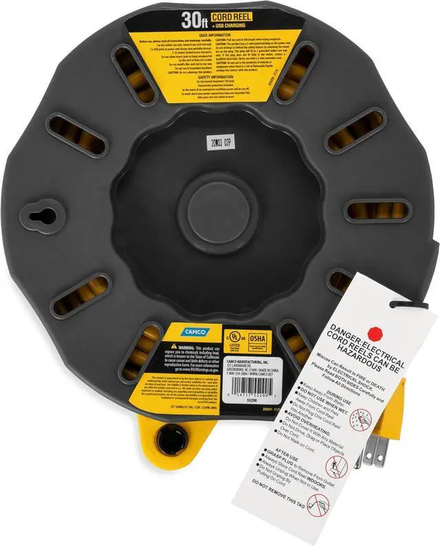 Main image of Camco 30-Ft 10 Amp RV Extension Cord Reel - Rated for 125V / 1,250W - Features 4 125V Electrical Outlets & 2 USB Ports - Includes On/Off Switch & Built-in Circuit Breaker (55290)