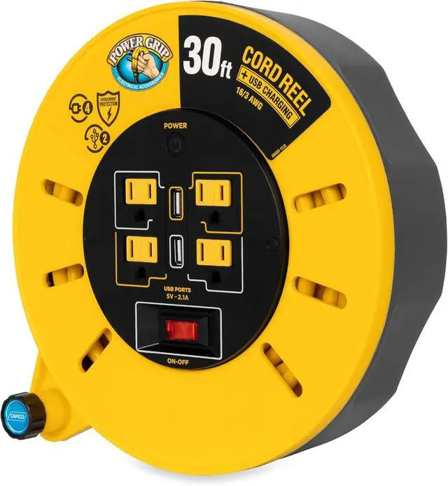 Alt view image 2 of 5 - Camco 30-Ft 10 Amp RV Extension Cord Reel - Rated for 125V / 1,250W - Features 4 125V Electrical Outlets & 2 USB Ports - Includes On/Off Switch & Built-in Circuit Breaker (55290)