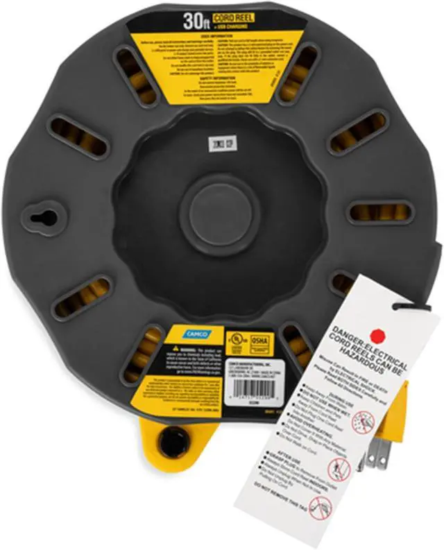 Alt view image 5 of 5 - Camco 30-Ft 10 Amp RV Extension Cord Reel - Rated for 125V / 1,250W - Features 4 125V Electrical Outlets & 2 USB Ports - Includes On/Off Switch & Built-in Circuit Breaker (55290)
