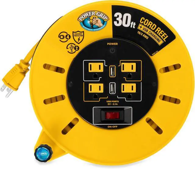 Alt view image 4 of 5 - Camco 30-Ft 10 Amp RV Extension Cord Reel - Rated for 125V / 1,250W - Features 4 125V Electrical Outlets & 2 USB Ports - Includes On/Off Switch & Built-in Circuit Breaker (55290)