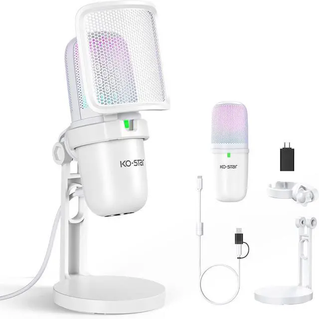 Main image of RGB USB Microphone, White Gaming Mic for PC, PS5, Laptop, Phone, Condenser Mic with Touch Mute, Pop Filter, Cardioid Pickup, Plug & Play for Streaming, Podcast, Recording, Gaming
