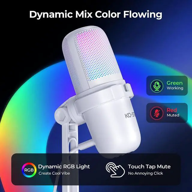 Alt view image 3 of 7 - RGB USB Microphone, White Gaming Mic for PC, PS5, Laptop, Phone, Condenser Mic with Touch Mute, Pop Filter, Cardioid Pickup, Plug & Play for Streaming, Podcast, Recording, Gaming