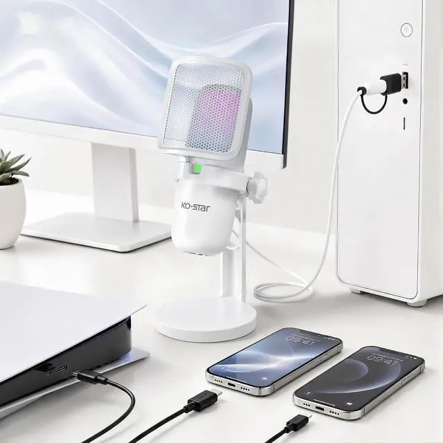Alt view image 5 of 7 - RGB USB Microphone, White Gaming Mic for PC, PS5, Laptop, Phone, Condenser Mic with Touch Mute, Pop Filter, Cardioid Pickup, Plug & Play for Streaming, Podcast, Recording, Gaming