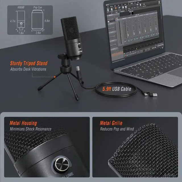 Alt view image 7 of 7 - FIFINE K669B USB Microphone, Condenser Recording Mic for Vocals, Meeting | Metal Cardioid Laptop Mic for MAC OS, Windows, Voice Overs, Streaming, Online Meeting and YouTube Videos