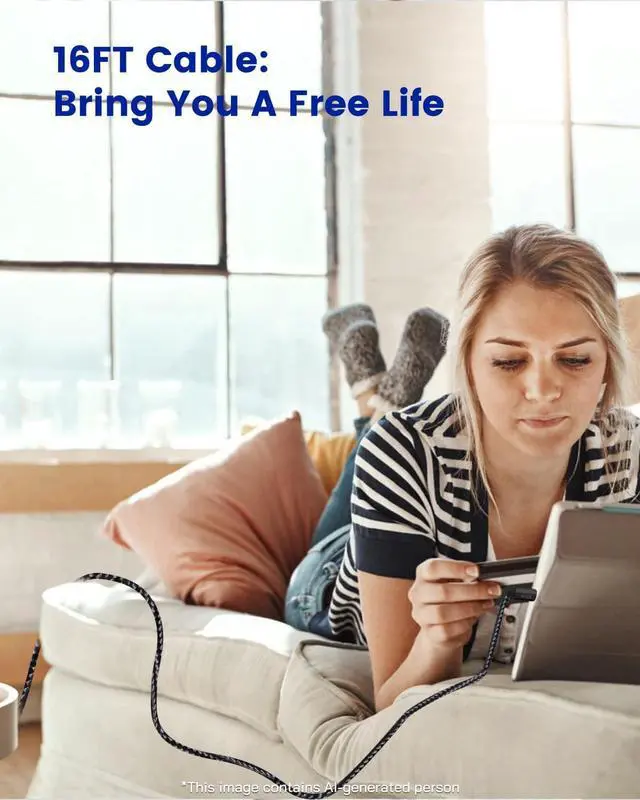 Alt view image 7 of 7 - Extra Long i Phone 16 17 Charger Cable 16Ft, 16 Feet USB C to C Cable Fast Charging Nylon Braided i Phone 16 17 USB C Charger Cord for i Phone 16/17 Plus,16/17 Pro,16/17 Pro Max/iPad Pro/Air/Min 6