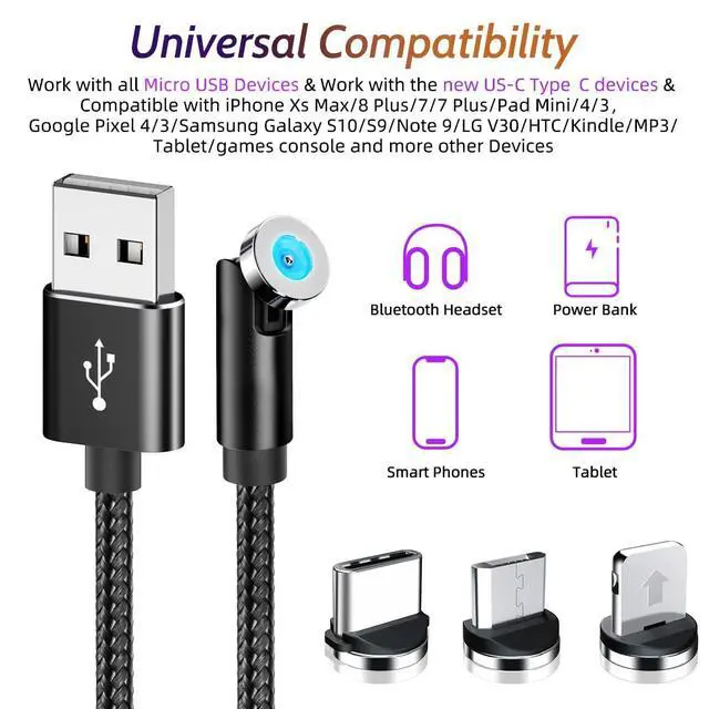 Alt view image 6 of 6 - 540° Rotating Magnetic Charging Cable (4 Pack 3/3/6/6ft) USB C Magnetic Phone Charger Cable 3 in 1 2.4A Fast Charge Cord for iPhone Samsung Moto Oneplus Android Tablet All Micro USB/Type C Device