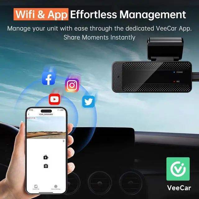 Alt view image 4 of 7 - Veement 1296P Dash Cam Front, WiFi Dash Camera for Cars with App | V300 Mini Hidden Design, Night Vision, 170° Lens, Loop Recording, G-Sensor, 256GB Max, Card Not Included, Hardwire Required
