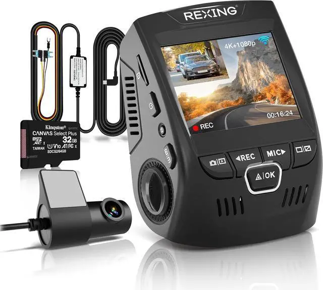 Main image of RexingUSA V1P 4K Dual Dash Cam, 4K+1080P Front & Rear, Wi-Fi, 2.4 LCD, 170° Wide Angle, Supercapacitor, G-Sensor, WDR, Loop Recording, App, 32GB Card & Hardwire Kit