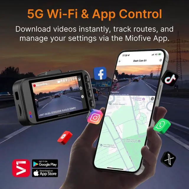Alt view image 4 of 7 - Miofive Car Camera 4K Resolution, WiFi, Bluetooth, GPS Dash Cam, 3-Inch IPS Screen, Night Vision, Loop Recording, HDR, App Control, and Supports up to 512GB with a Free 32GB Card Included