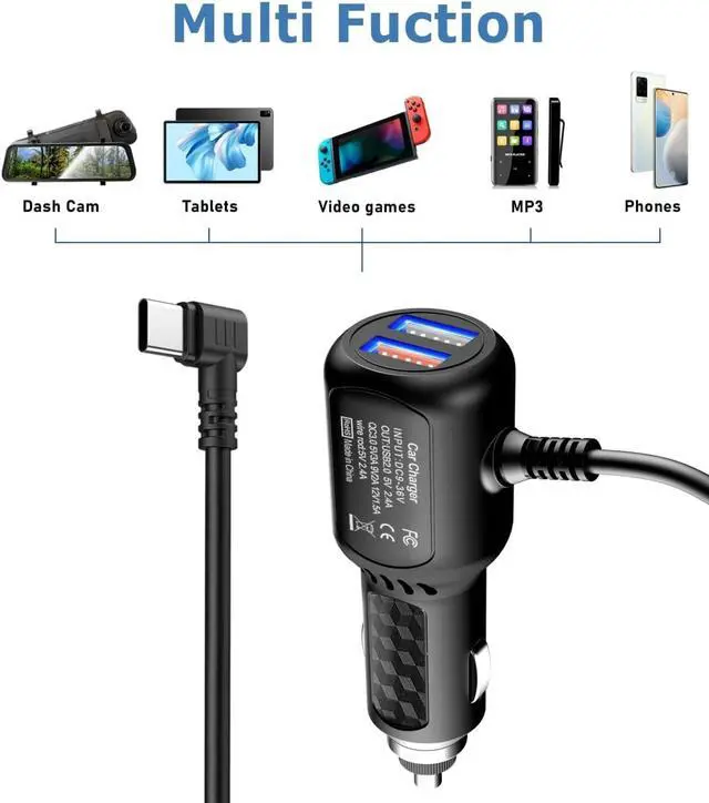 Alt view image 6 of 7 - Dash Cam Charger USB C,Type C Dash Cam Power Cord,Dual USB Fast Charger, Compatible with REDTIGER F7N Series,Vantrue N4 and N2S Series,WOLFBOX Mirror cam,AZDOME,Pelsee and GPS Navigator(6.56FT)