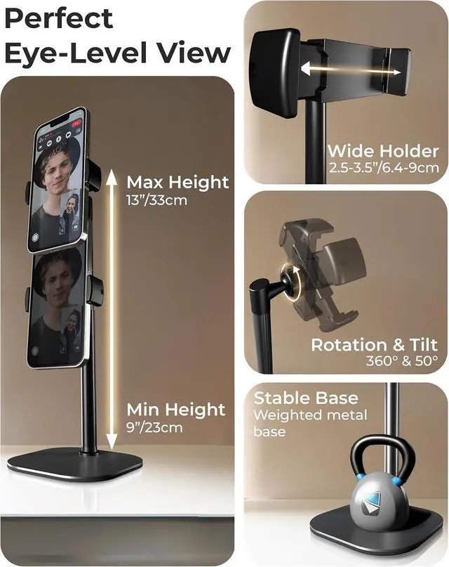 Alt view image 3 of 7 - COOPER ChatStand, Adjustable Cell Phone Stand for Desk, Phone Stand for Recording, iPhone Holder for Filming, Small iPhone Tripod, Soporte para Celular, Fits Samsung, Android, (Night Black)