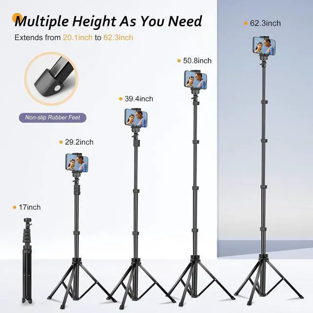 Alt view image 4 of 7 - Aureday 62" Phone Tripod Accessory Kits, Camera & Cell Phone Tripod Stand with Wireless Remote and Universal Tripod Head Mount, Perfect for Selfies/Video Recording/Vlogging/Live Streaming