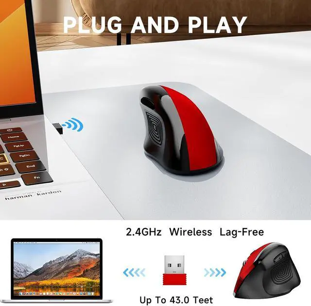 Alt view image 4 of 7 - memzuoix Ergonomic Wireless Mouse, 2.4G Optical Cordless, 800/1200/1600 DPI, Vertical Computer Mouse for Laptop, Mac, PC, Desktop (Right Hand, Large) - Red