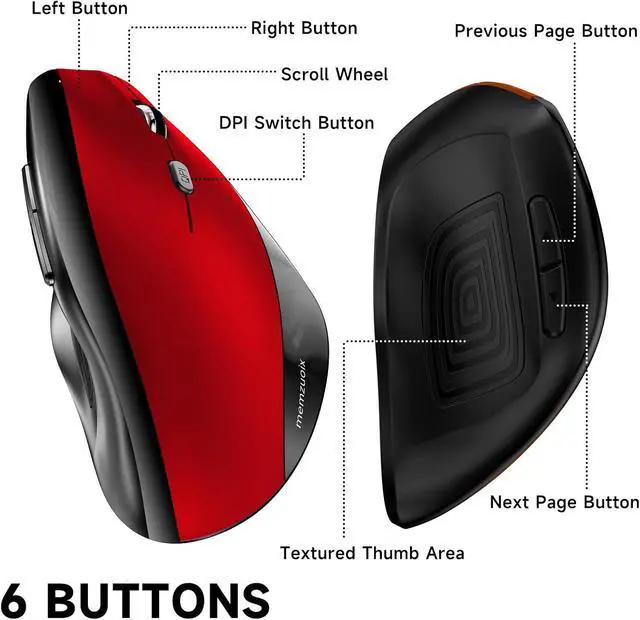 Alt view image 6 of 7 - memzuoix Ergonomic Wireless Mouse, 2.4G Optical Cordless, 800/1200/1600 DPI, Vertical Computer Mouse for Laptop, Mac, PC, Desktop (Right Hand, Large) - Red