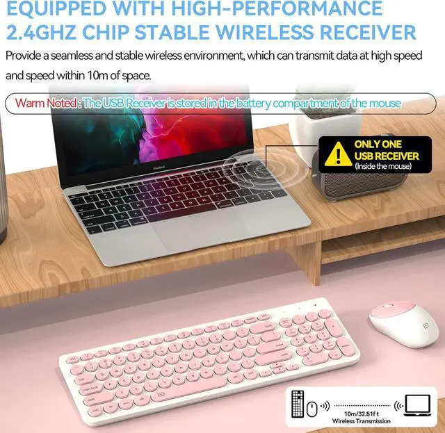 Alt view image 2 of 6 - FD iK6630 Wireless Keyboard and Mouse Combo - 2.4GHz USB Cordless, Cute Round Keys, Quiet and Slim Set for Laptop, Computer, TV, and Mac - Salmon Pink & White