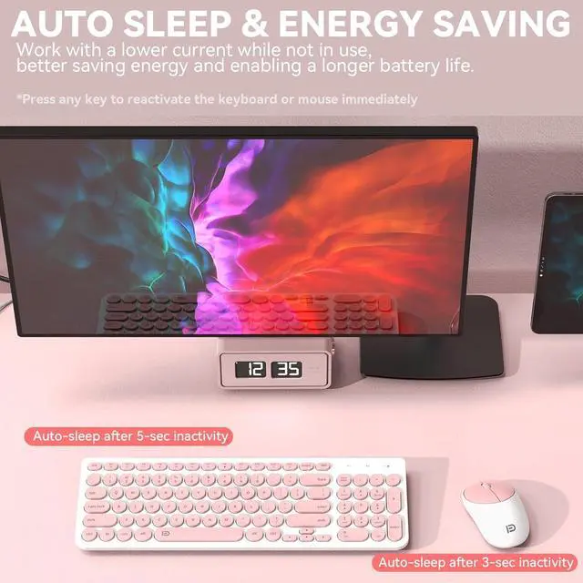 Alt view image 3 of 6 - FD iK6630 Wireless Keyboard and Mouse Combo - 2.4GHz USB Cordless, Cute Round Keys, Quiet and Slim Set for Laptop, Computer, TV, and Mac - Salmon Pink & White
