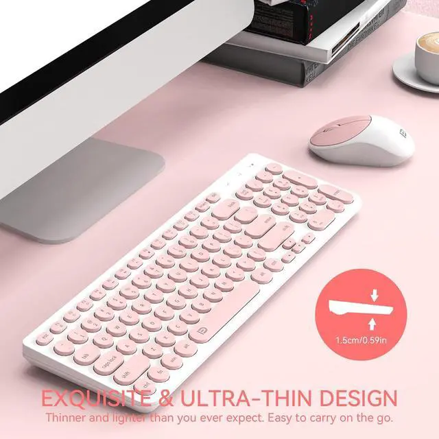 Alt view image 5 of 6 - FD iK6630 Wireless Keyboard and Mouse Combo - 2.4GHz USB Cordless, Cute Round Keys, Quiet and Slim Set for Laptop, Computer, TV, and Mac - Salmon Pink & White