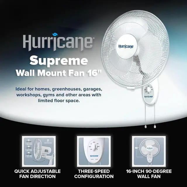 Alt view image 2 of 7 - Hurricane Supreme Oscillating Wall Fan, 3 Speeds, White - 16in | Quiet Operation - Wall Mount Corded Electric Air Cooling Unit with Pull Cords for Home, Garage, Greenhouse, Workshop, or Gym