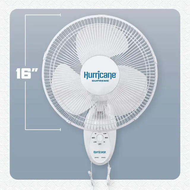 Alt view image 3 of 7 - Hurricane Supreme Oscillating Wall Fan, 3 Speeds, White - 16in | Quiet Operation - Wall Mount Corded Electric Air Cooling Unit with Pull Cords for Home, Garage, Greenhouse, Workshop, or Gym
