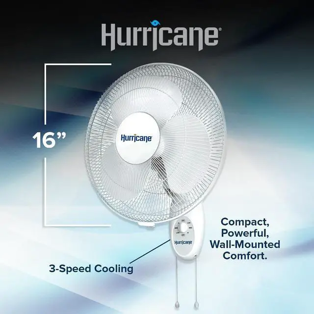 Alt view image 4 of 7 - Hurricane Supreme Oscillating Wall Fan, 3 Speeds, White - 16in | Quiet Operation - Wall Mount Corded Electric Air Cooling Unit with Pull Cords for Home, Garage, Greenhouse, Workshop, or Gym